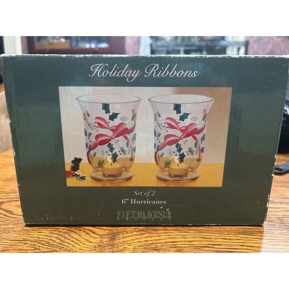 Holiday Ribbons 6" Glass Hurricane Candle Holders Set Of 2 Hand Painted Blown - Picture 1 of 5